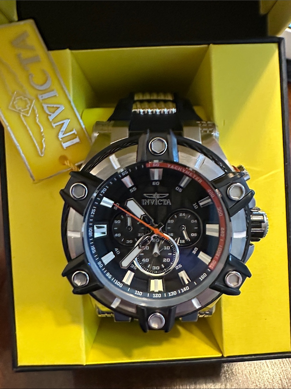 Invicta Bolt Men's Black and Silver Chronograph Sport Watch with Orange Accents